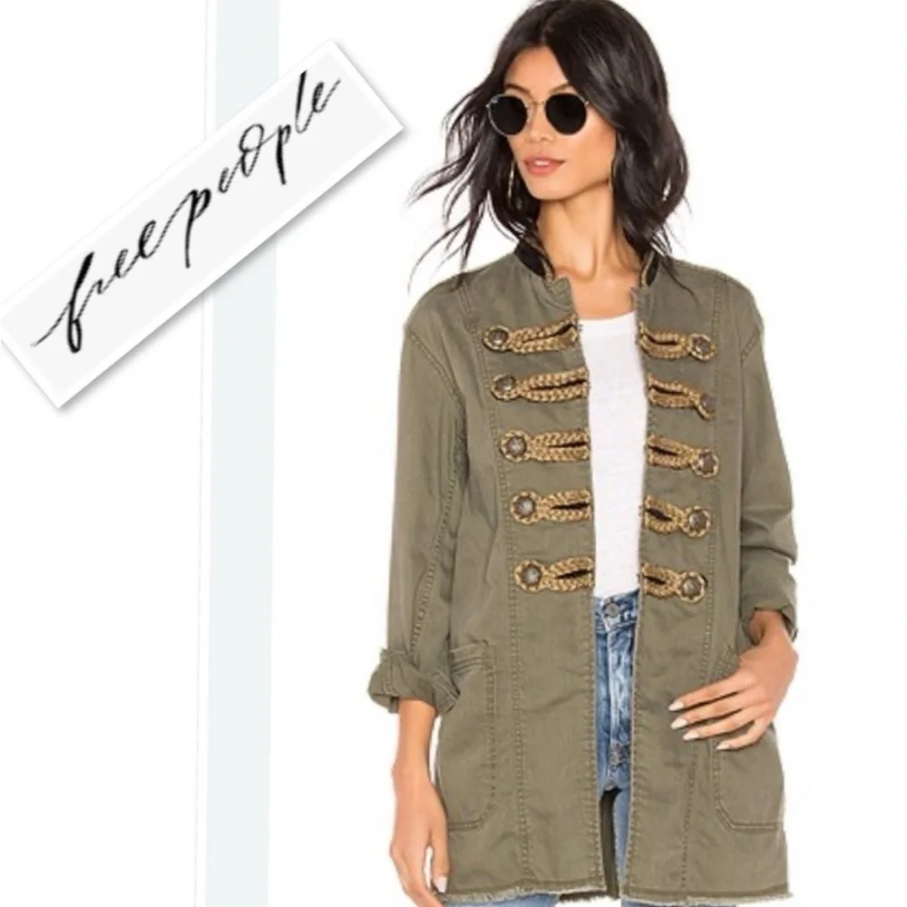 Free People Passenger Military Style Cotton Twill Jacket Blazer In Moss Size L